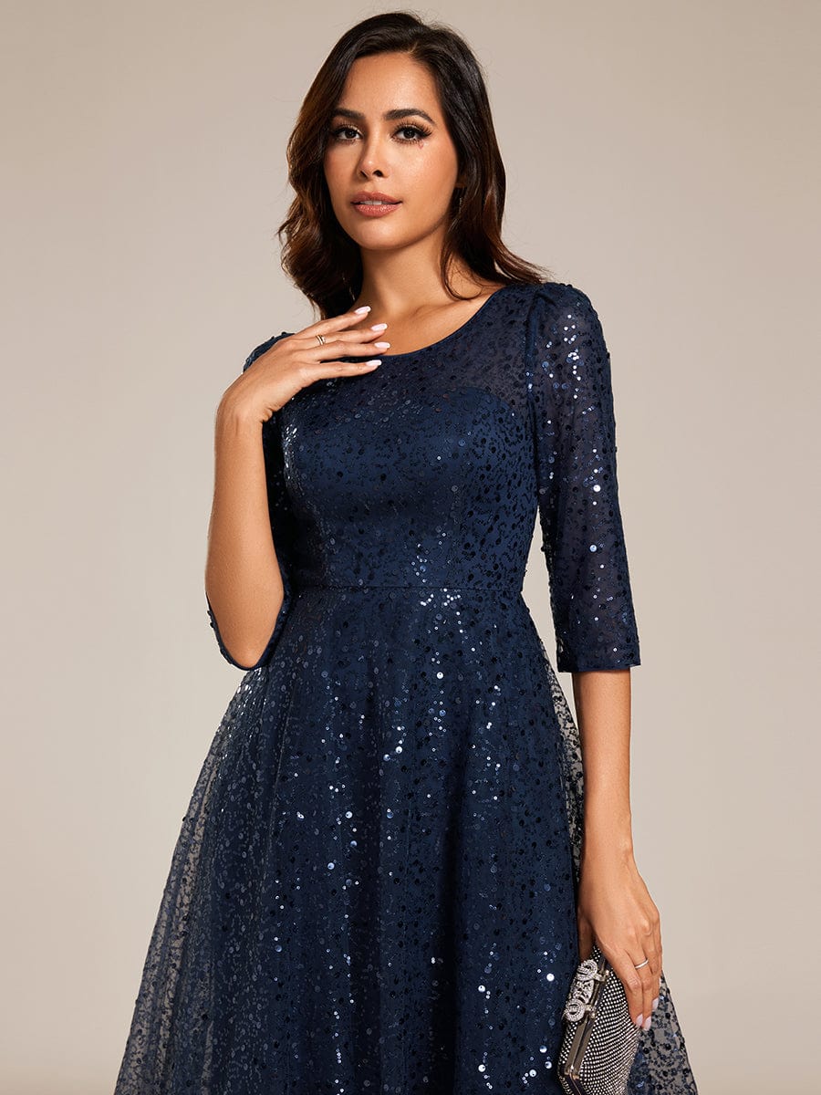 Robe d'invitée de mariage à manches 3/22 et col rond en sequins #Couleur_Bleu Marine