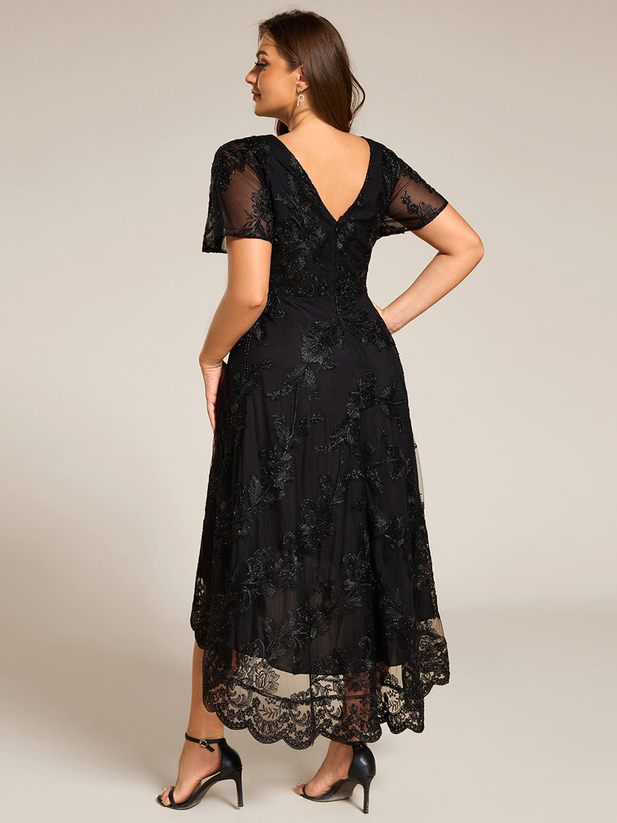 Robe d'invitée de mariage mi-longue à manches courtes et col en V double en maille brodée? #Couleur_Noir