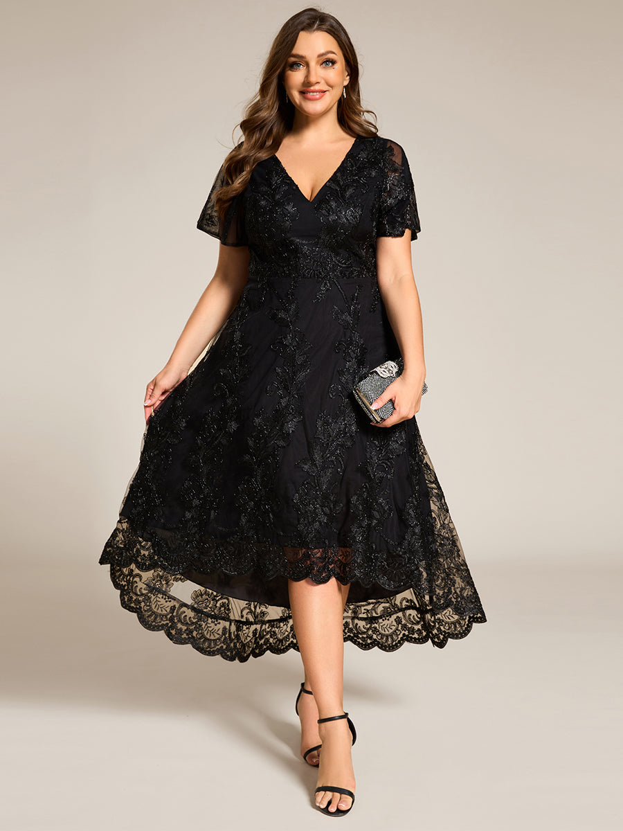 Robe d'invitée de mariage mi-longue à col en V et en maille brodée grande taille? #Couleur_Noir