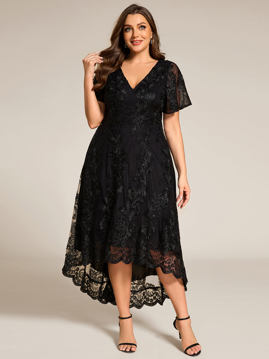 Robe d'invitée de mariage mi-longue à manches courtes et col en V double en maille brodée? #Couleur_Noir