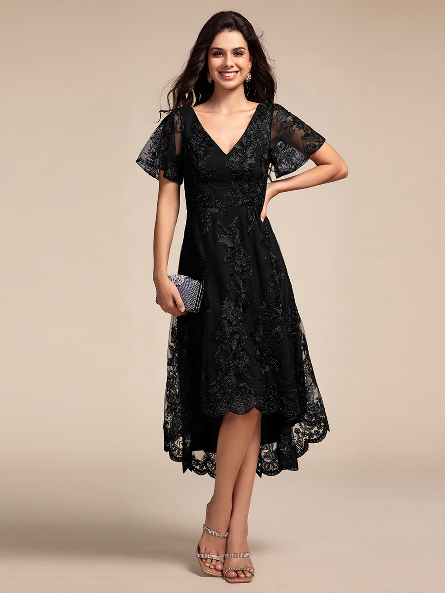 Robe d'invitée de mariage mi-longue à manches courtes et col en V double en maille brodée? #Couleur_Noir