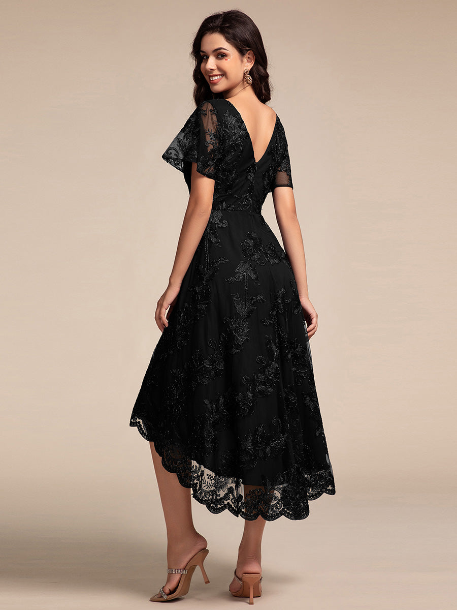 Robe d'invitée de mariage mi-longue à manches courtes et col en V double en maille brodée? #Couleur_Noir