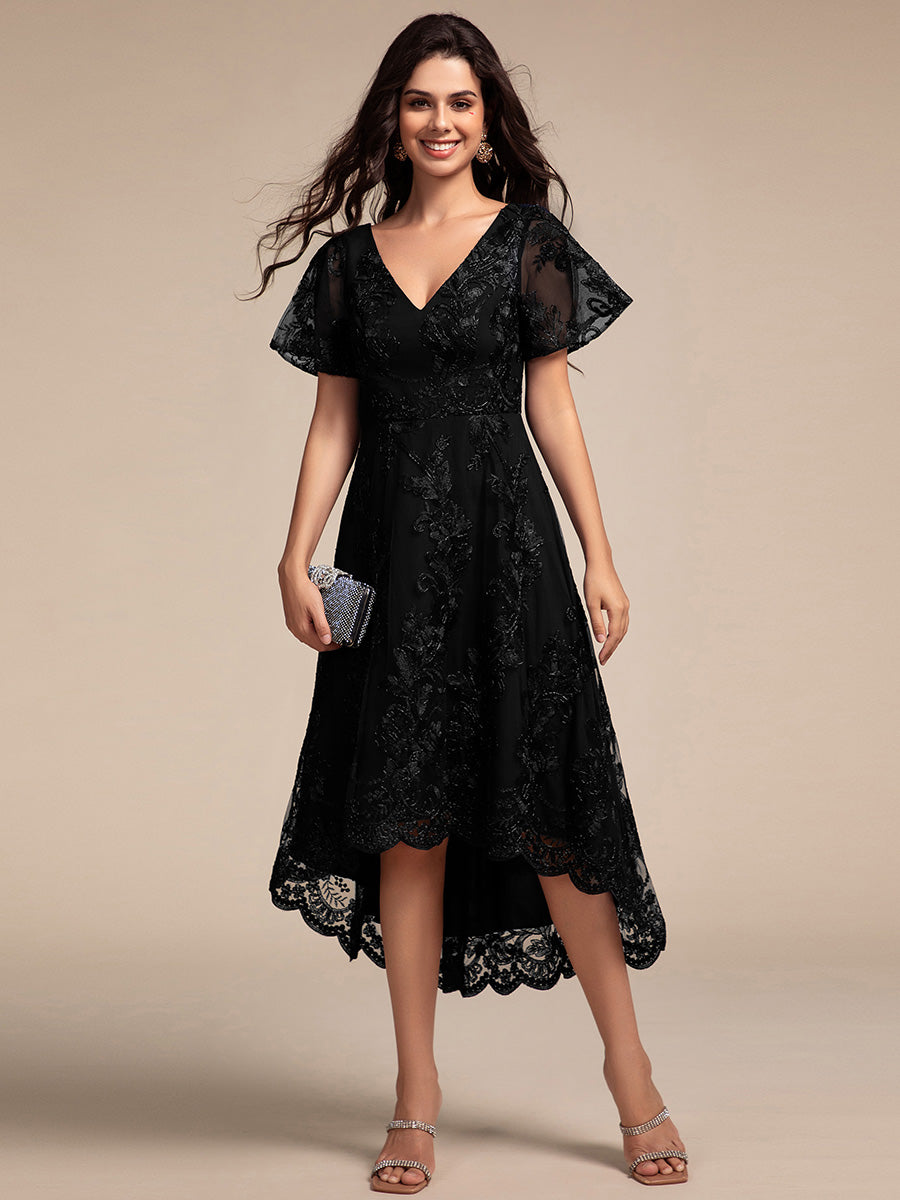 Robe d'invitée de mariage mi-longue à manches courtes et col en V double en maille brodée? #Couleur_Noir