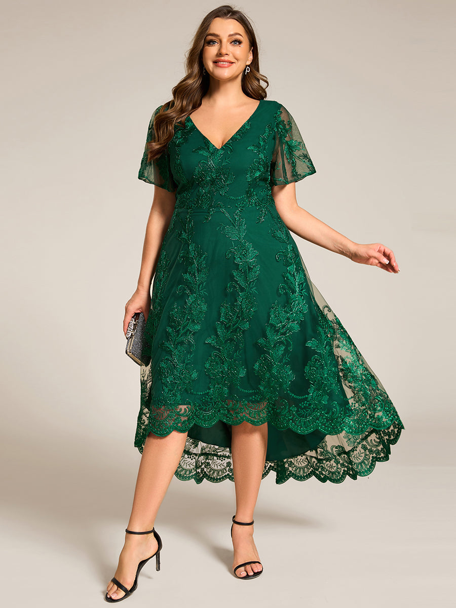 Robe d'invitée de mariage mi-longue à manches courtes et col en V double en maille brodée? #Couleur_Vert Fonce