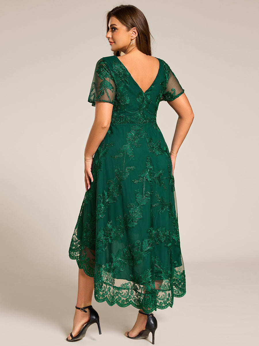 Robe d'invitée de mariage mi-longue à manches courtes et col en V double en maille brodée? #Couleur_Vert Fonce