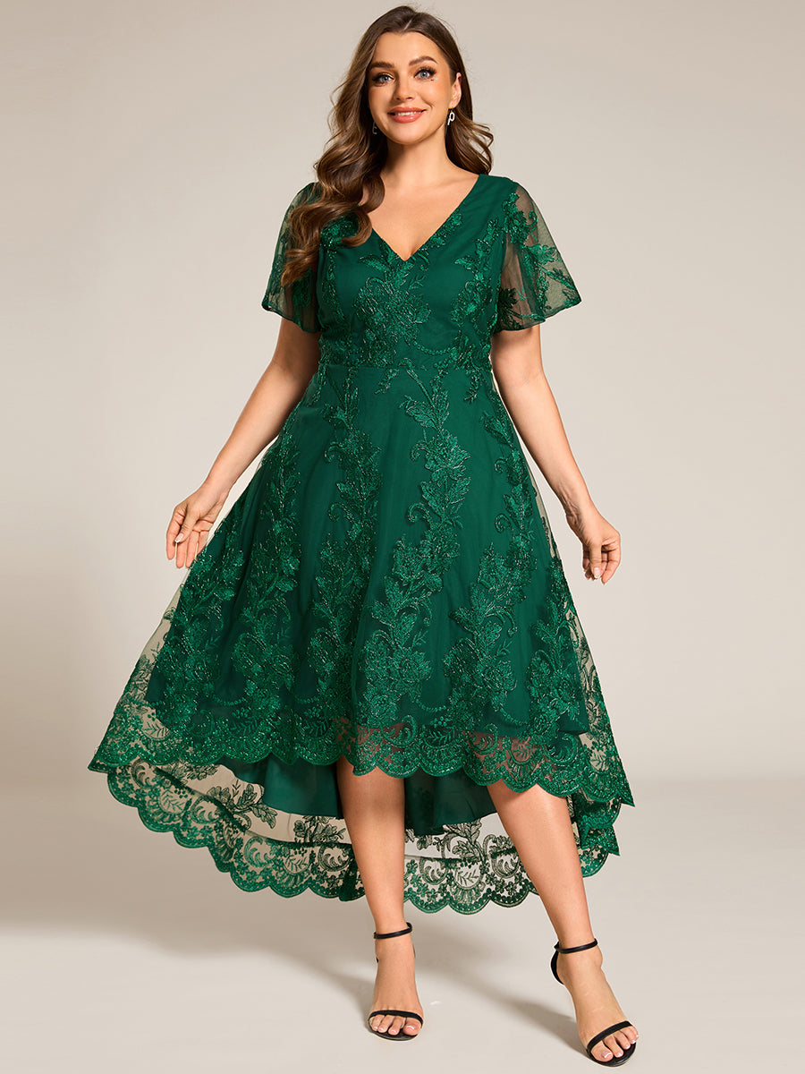 Robe d'invitée de mariage mi-longue à manches courtes et col en V double en maille brodée? #Couleur_Vert Fonce