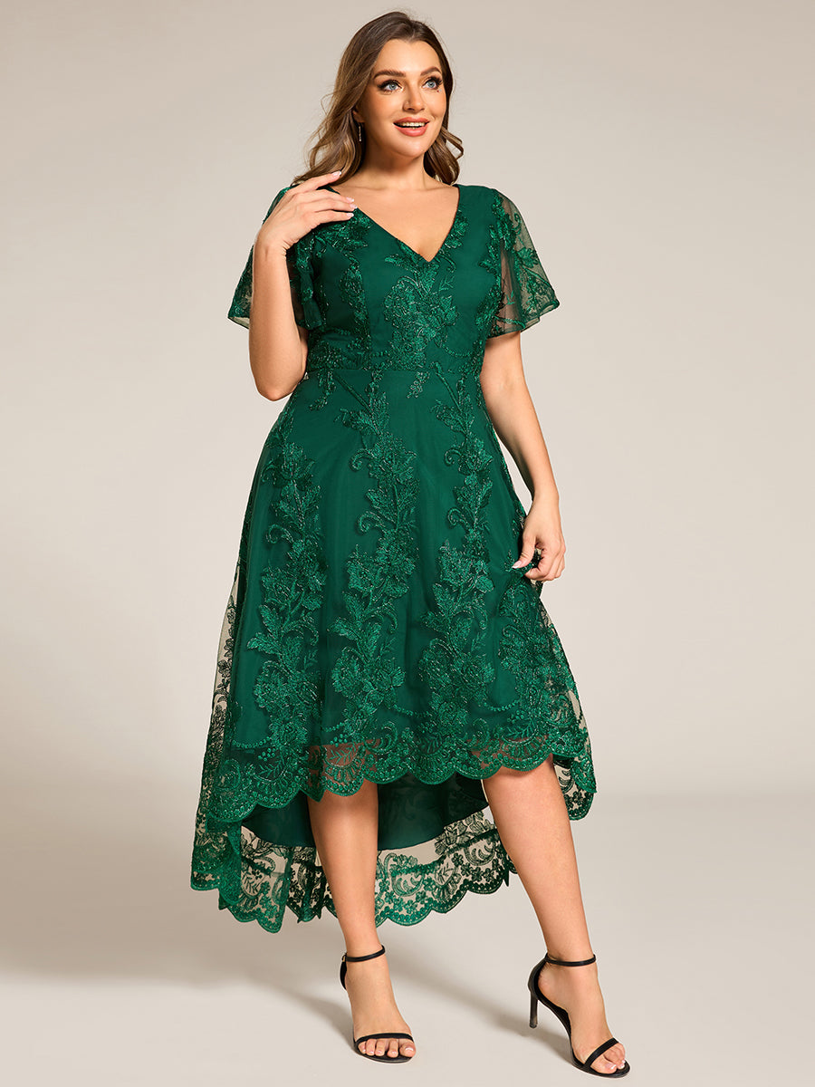 Robe d'invitée de mariage mi-longue à manches courtes et col en V double en maille brodée? #Couleur_Vert Fonce