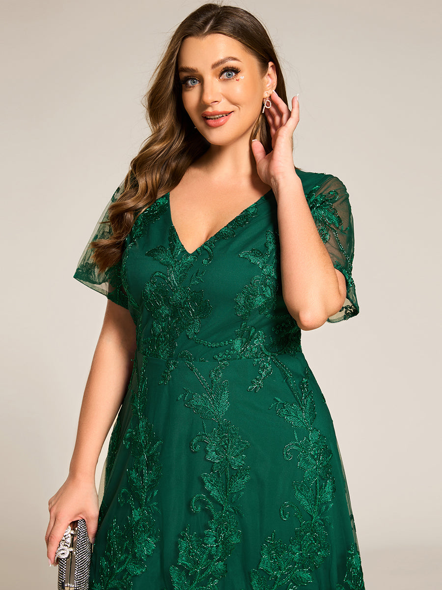 Robe d'invitée de mariage mi-longue à manches courtes et col en V double en maille brodée? #Couleur_Vert Fonce