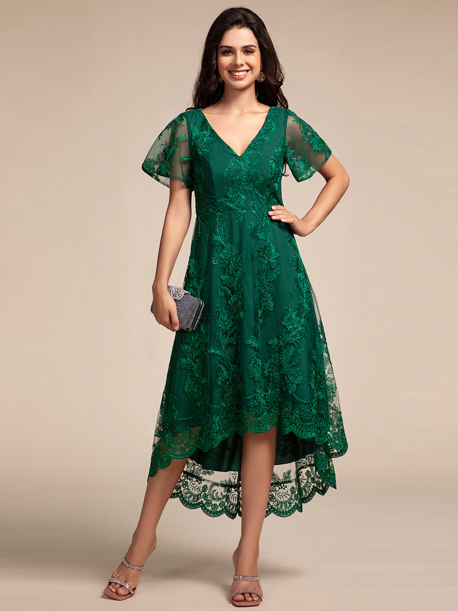 Robe d'invitée de mariage mi-longue à manches courtes et col en V double en maille brodée? #Couleur_Vert Fonce