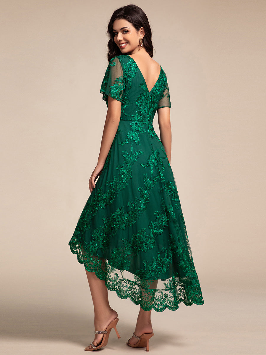 Robe d'invitée de mariage mi-longue à manches courtes et col en V double en maille brodée? #Couleur_Vert Fonce