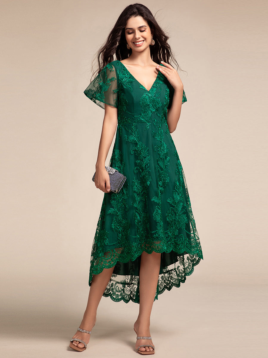 Robe d'invitée de mariage mi-longue à manches courtes et col en V double en maille brodée? #Couleur_Vert Fonce