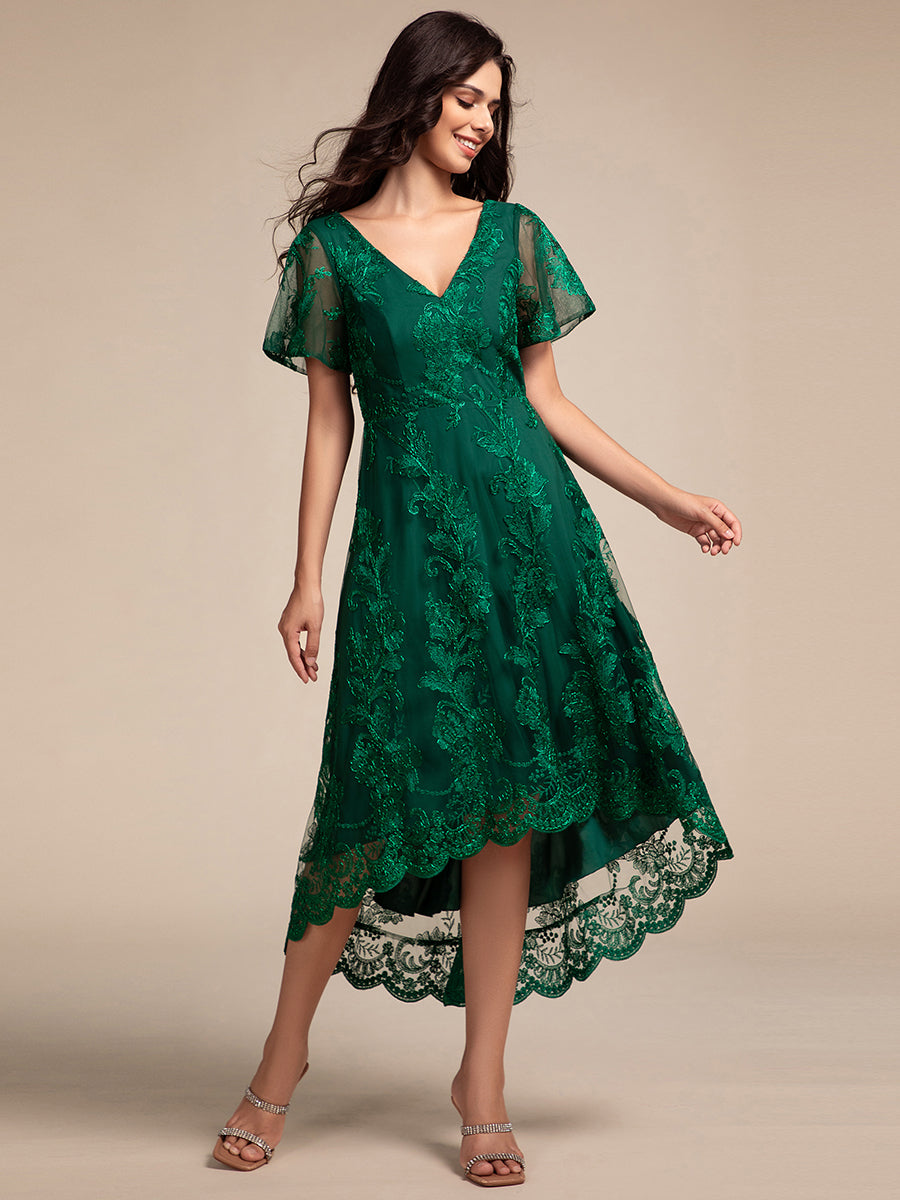 Robe d'invitée de mariage mi-longue à manches courtes et col en V double en maille brodée? #Couleur_Vert Fonce