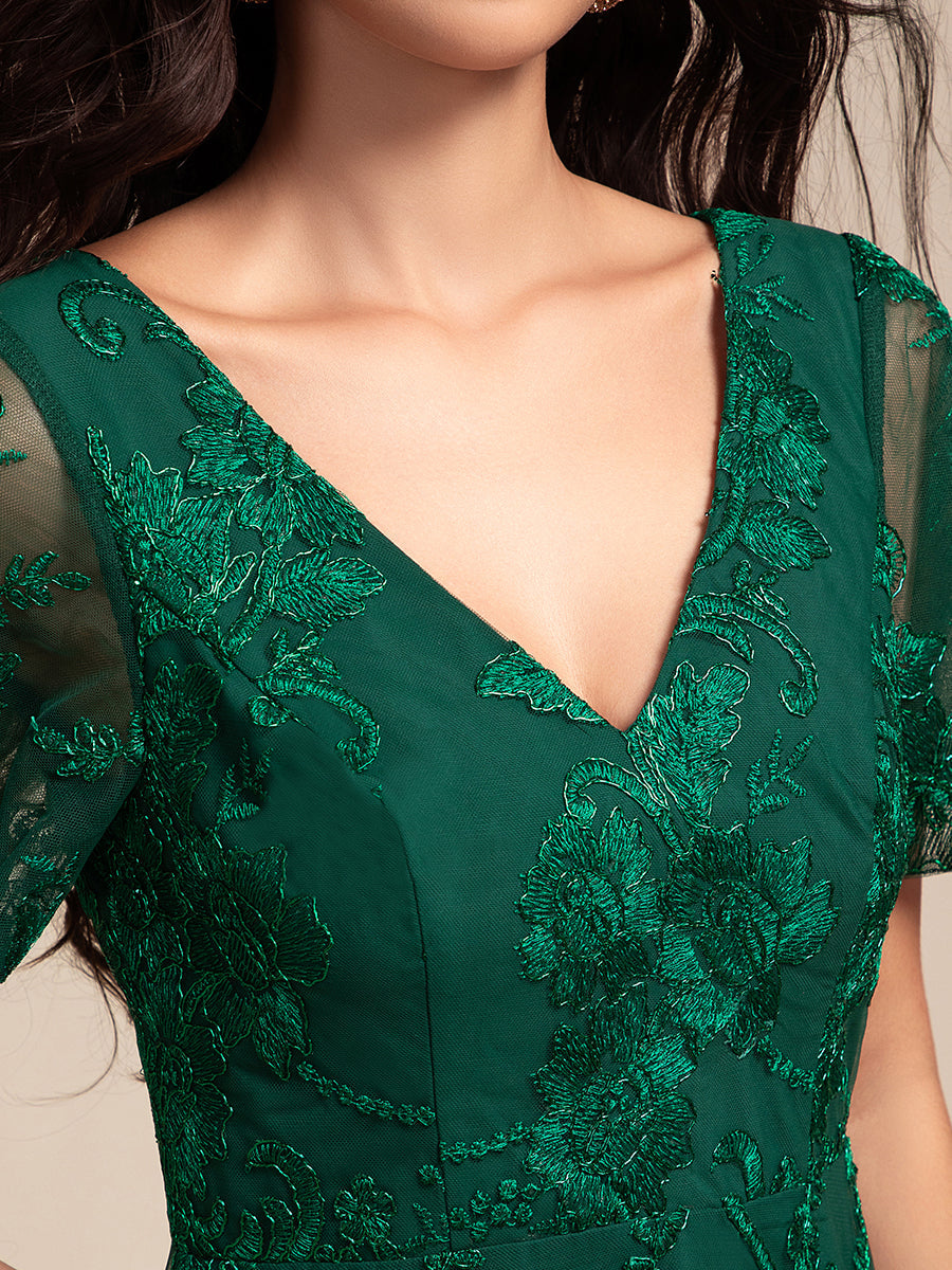 Robe d'invitée de mariage mi-longue à manches courtes et col en V double en maille brodée? #Couleur_Vert Fonce