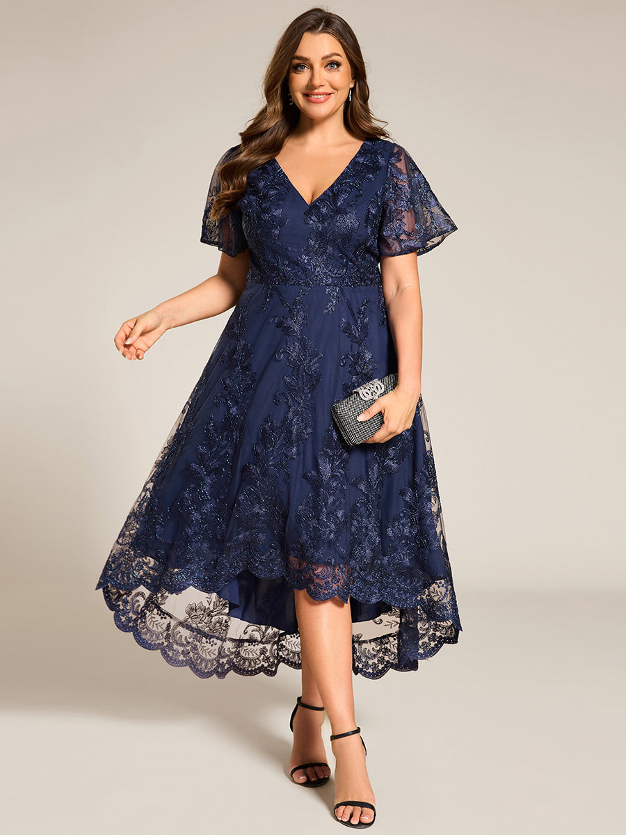 Robe d'invitée de mariage mi-longue à manches courtes et col en V double en maille brodée? #Couleur_Bleu Marine