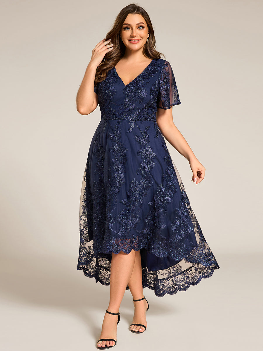 Robe d'invitée de mariage mi-longue à manches courtes et col en V double en maille brodée? #Couleur_Bleu Marine