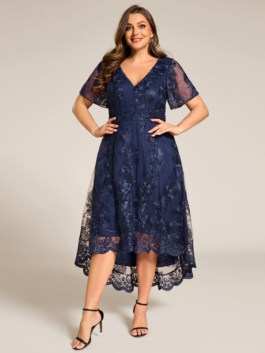 Robe d'invitée de mariage mi-longue à manches courtes et col en V double en maille brodée? #Couleur_Bleu Marine