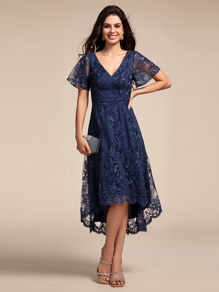 Robe d'invitée de mariage mi-longue à manches courtes et col en V double en maille brodée? #Couleur_Bleu Marine