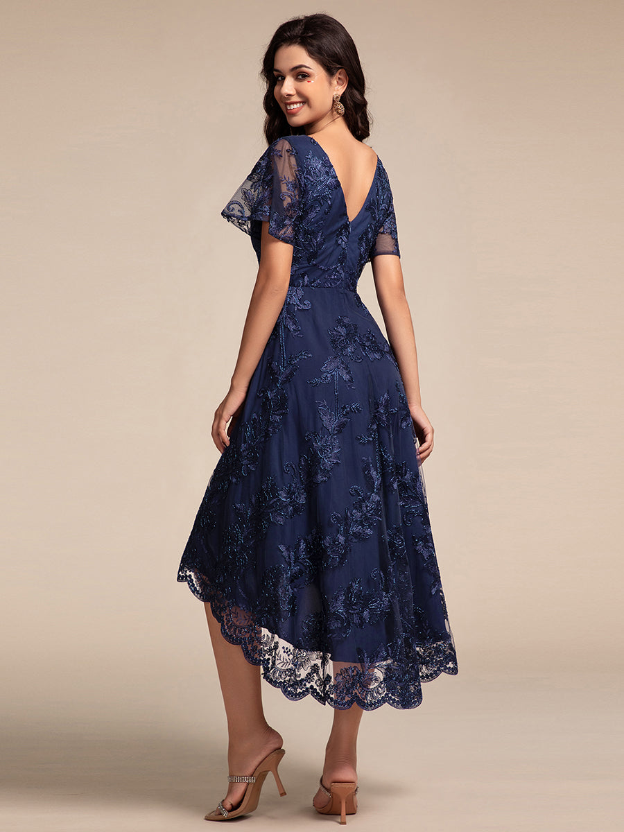 Robe d'invitée de mariage mi-longue à manches courtes et col en V double en maille brodée? #Couleur_Bleu Marine