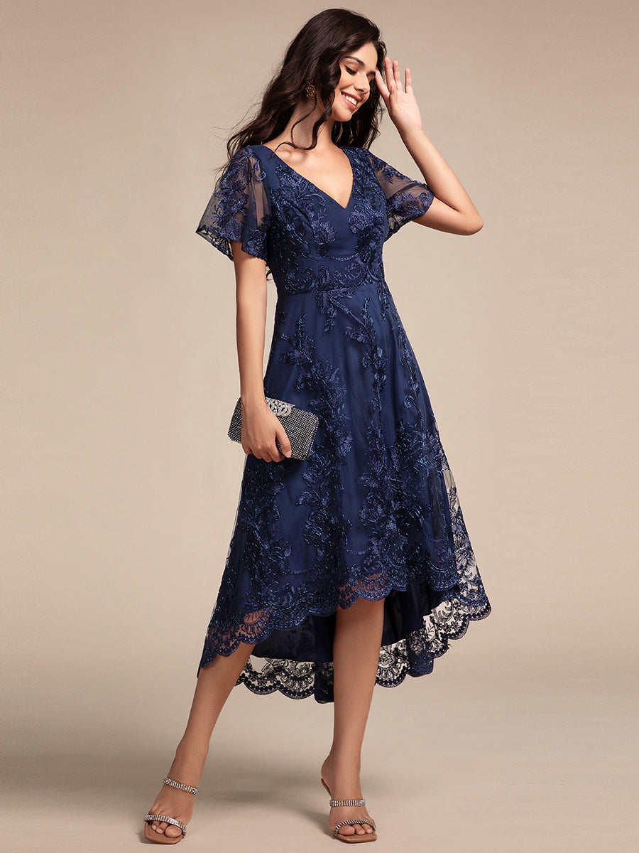 Robe d'invitée de mariage mi-longue à manches courtes et col en V double en maille brodée? #Couleur_Bleu Marine