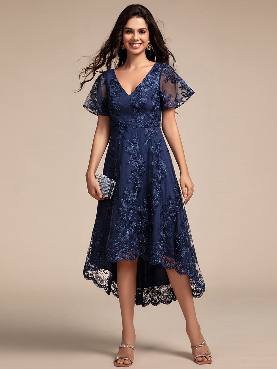 Robe d'invitée de mariage mi-longue à manches courtes et col en V double en maille brodée? #Couleur_Bleu Marine