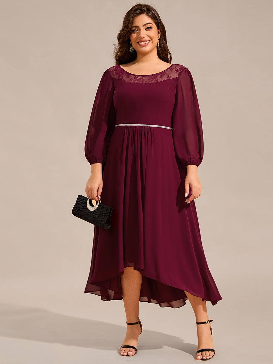 Robe d'invitée de mariage mi-longue en mousseline de soie et dentelle grande taille #Couleur_Bordeaux