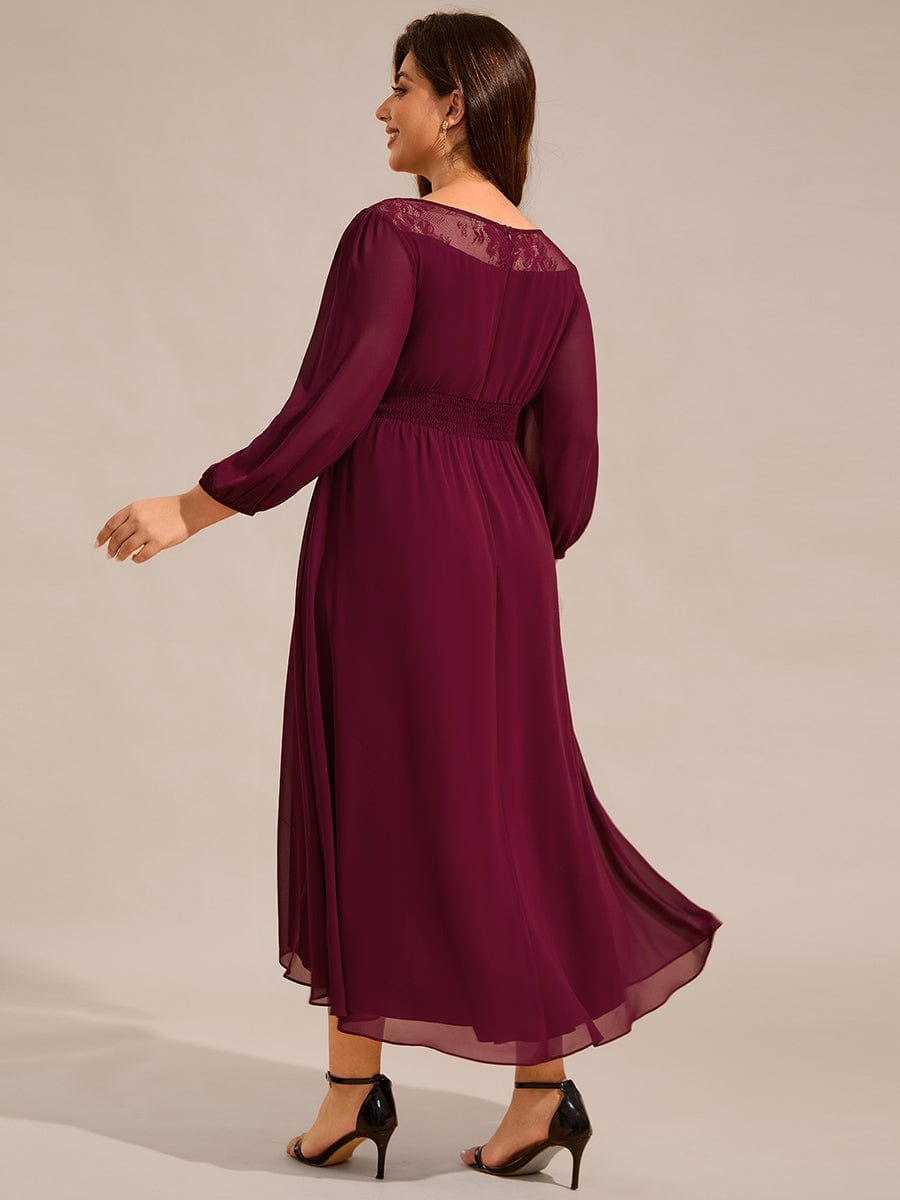 Robe d'invitée de mariage mi-longue en mousseline de soie et dentelle grande taille #Couleur_Bordeaux