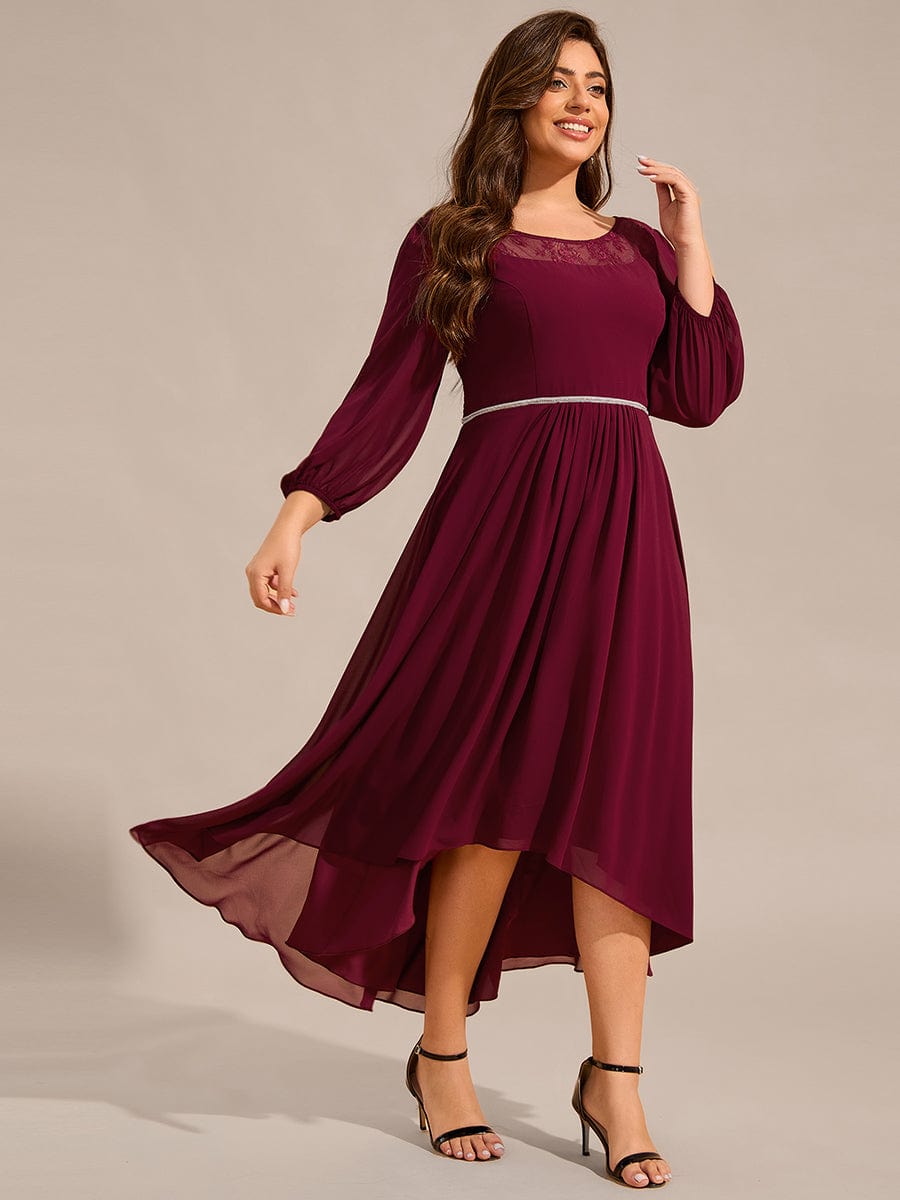 Robe d'invitée de mariage mi-longue en mousseline de soie et dentelle grande taille #Couleur_Bordeaux