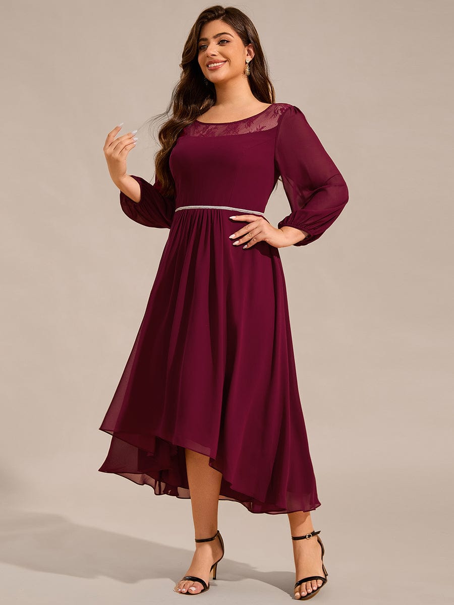 Robe d'invitée de mariage mi-longue en mousseline de soie et dentelle grande taille #Couleur_Bordeaux