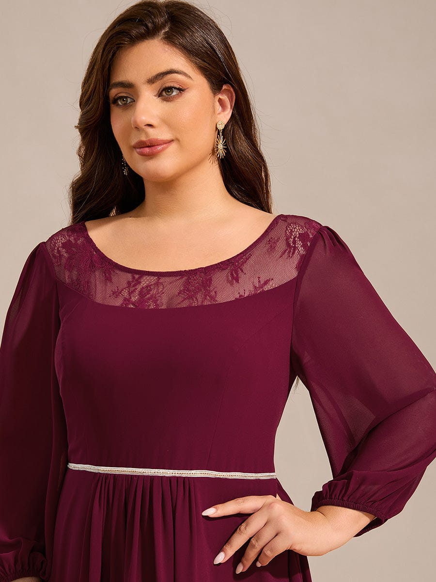 Robe d'invitée de mariage mi-longue en mousseline de soie et dentelle grande taille #Couleur_Bordeaux