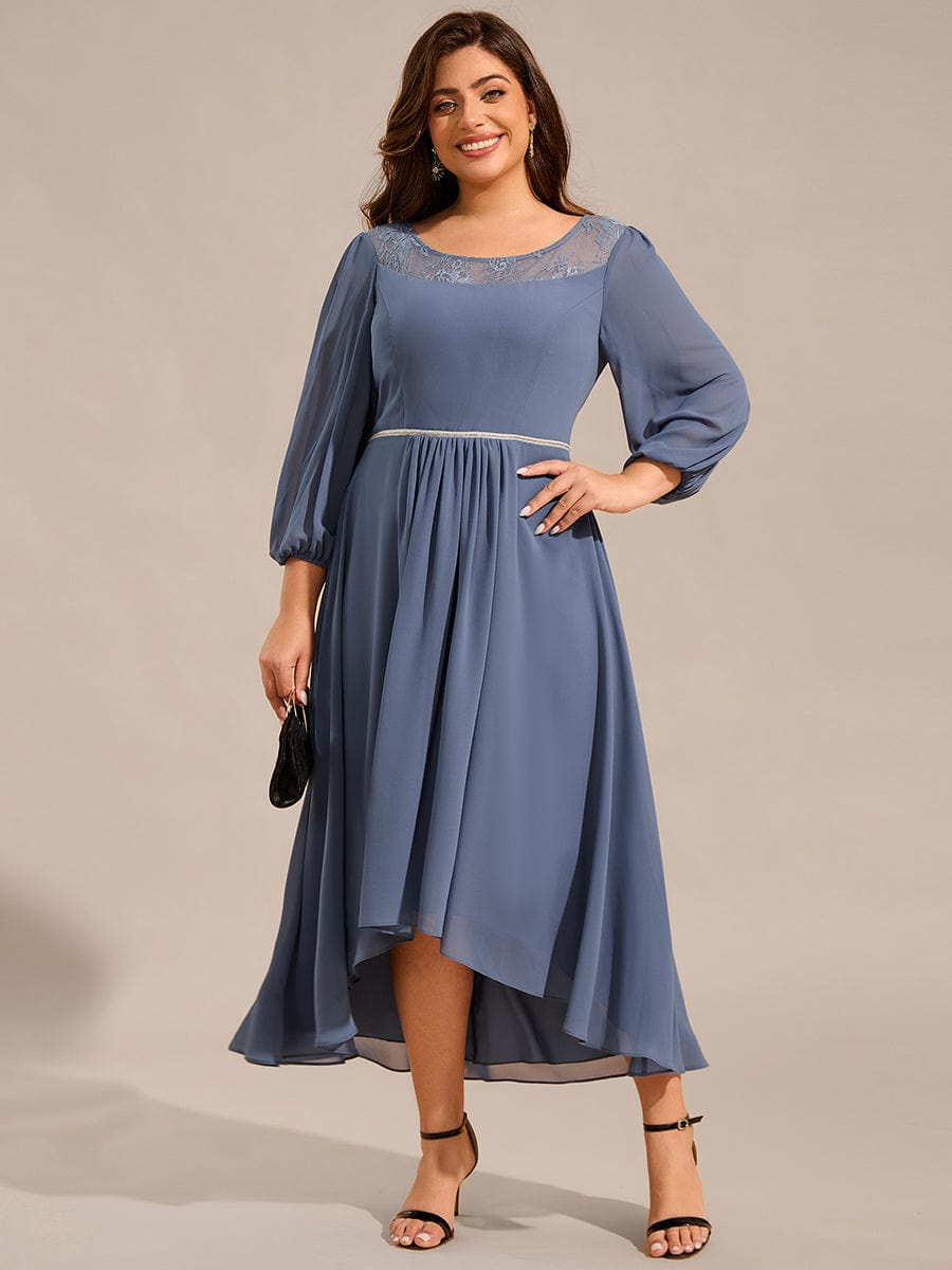 Robe d'invitée de mariage mi-longue en mousseline de soie et dentelle grande taille #Couleur_Marine Fume