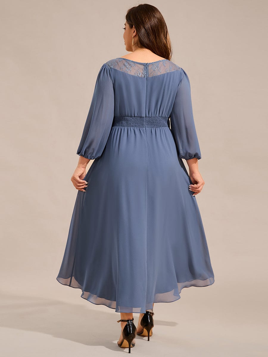 Robe d'invitée de mariage mi-longue en mousseline de soie et dentelle grande taille #Couleur_Marine Fume