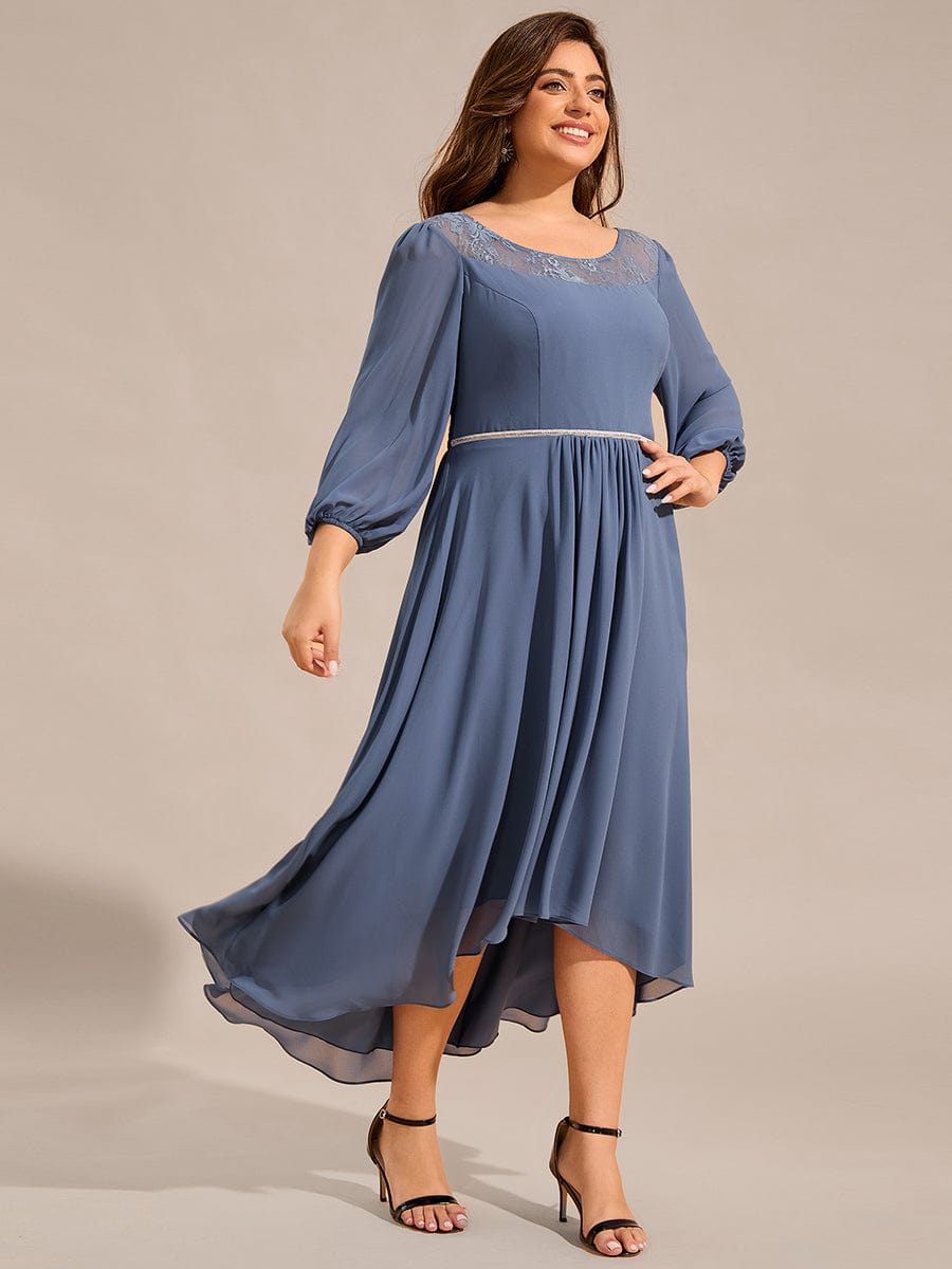 Robe d'invitée de mariage mi-longue en mousseline de soie et dentelle grande taille #Couleur_Marine Fume