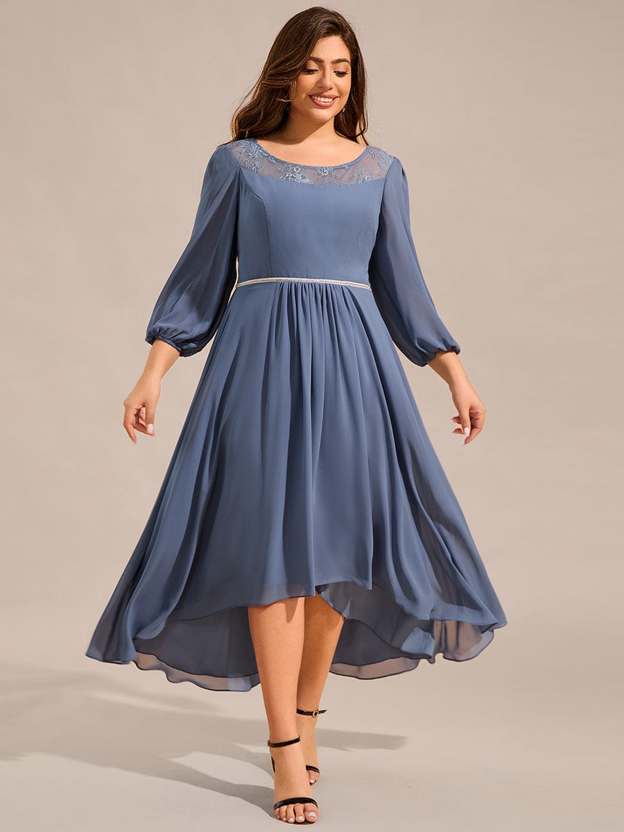 Robe d'invitée de mariage mi-longue en mousseline de soie et dentelle grande taille #Couleur_Marine Fume