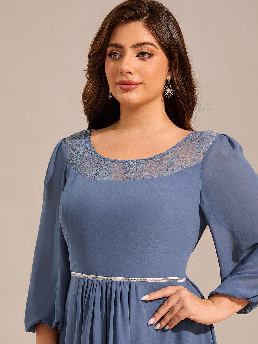 Robe d'invitée de mariage mi-longue en mousseline de soie et dentelle grande taille #Couleur_Marine Fume