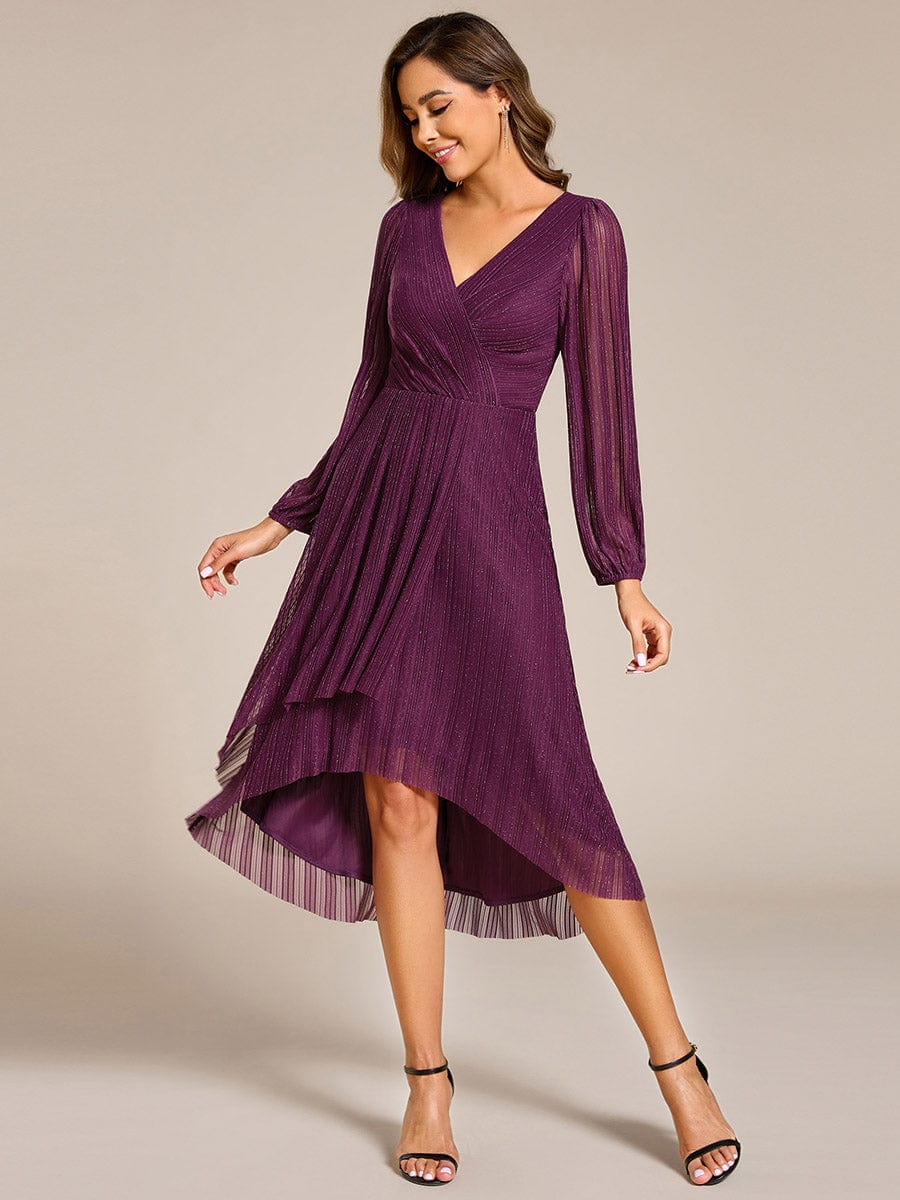 Robe d'invitée de mariage mi-longue à manches longues et paillettes #Couleur_Glycine violette