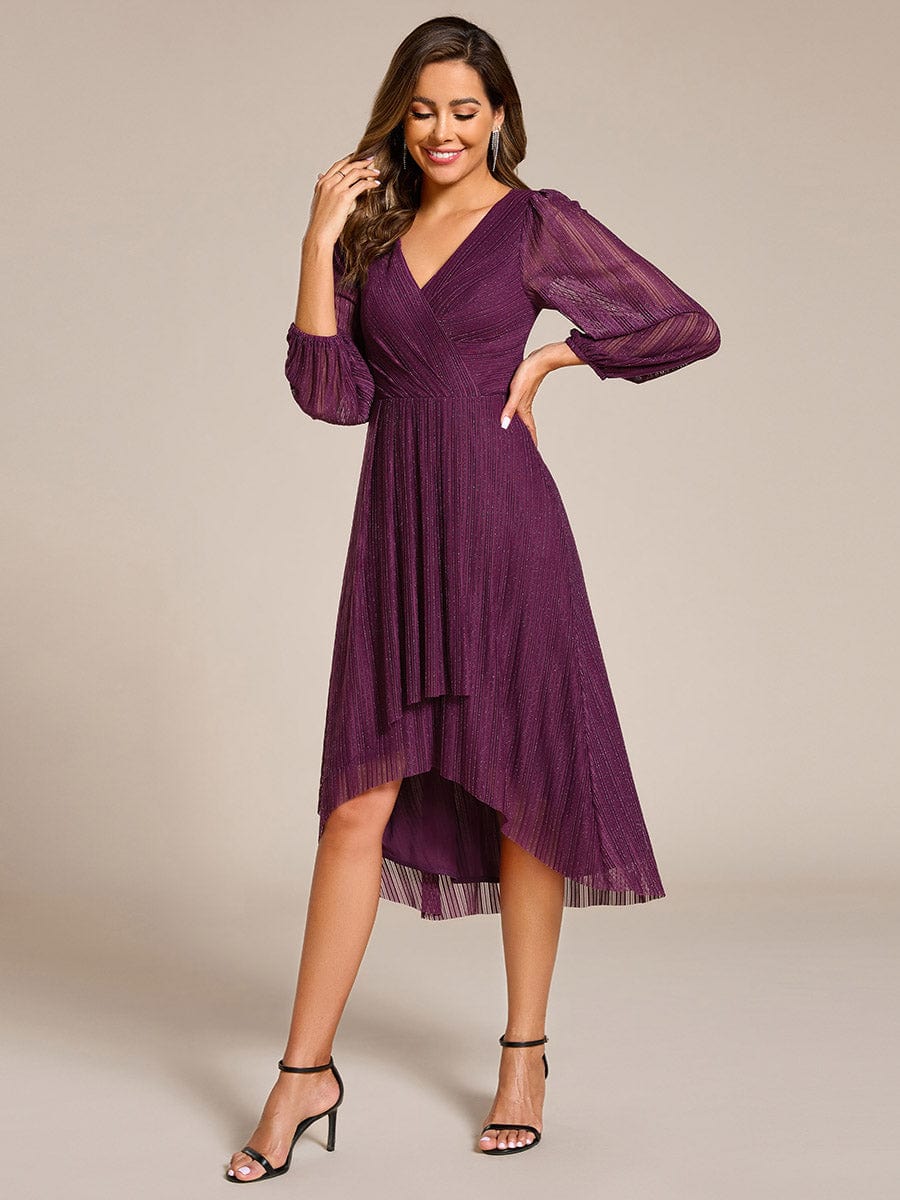 Robe d'invitée de mariage mi-longue à manches longues et paillettes #Couleur_Glycine violette