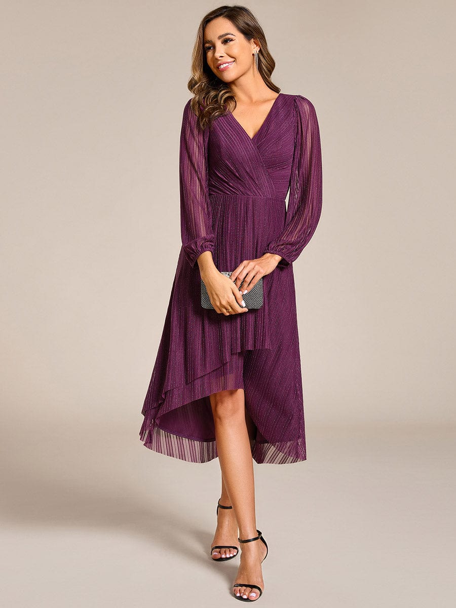 Robe d'invitée de mariage mi-longue à manches longues et paillettes #Couleur_Glycine violette