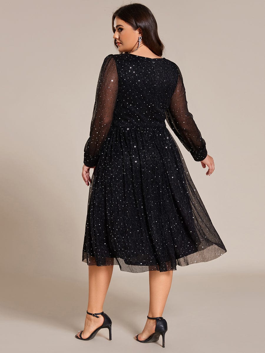 Robe de mariée mi-longue pailletée grande taille à manches longues #Couleur_Noir