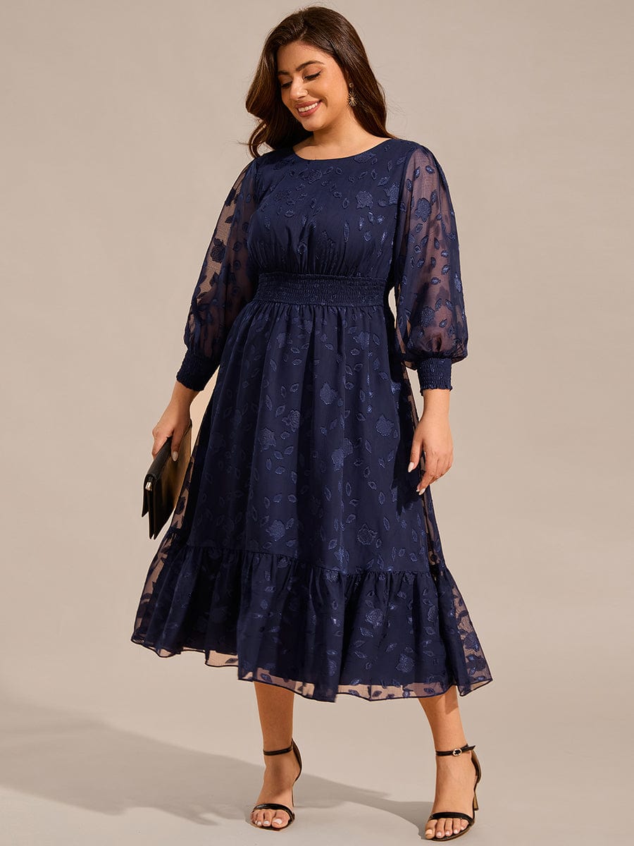 Robe d'invitée de mariage mi-longue en mousseline à col rond grande taille #Couleur_Bleu Marine