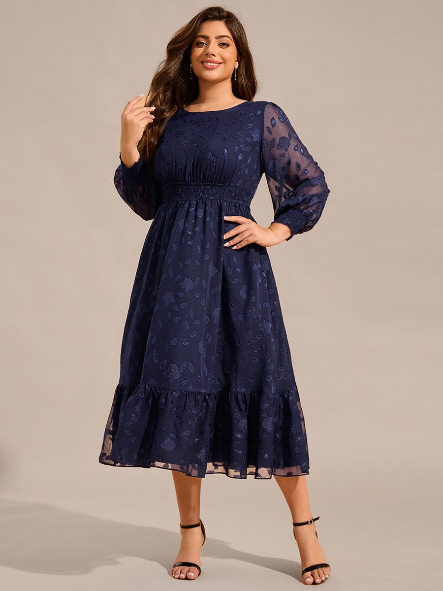 Robe d'invitée de mariage mi-longue en mousseline à col rond grande taille #Couleur_Bleu Marine