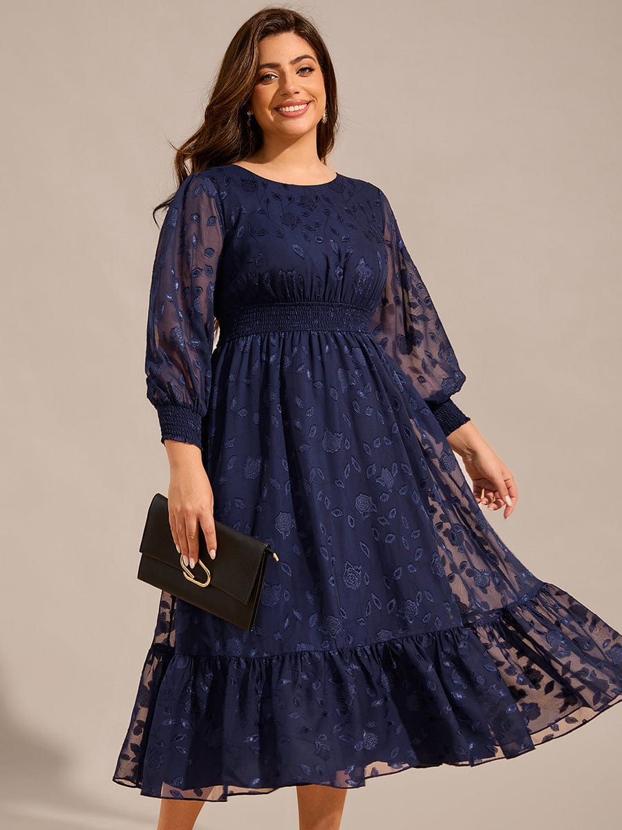 Robe d'invitée de mariage mi-longue en mousseline à col rond grande taille #Couleur_Bleu Marine