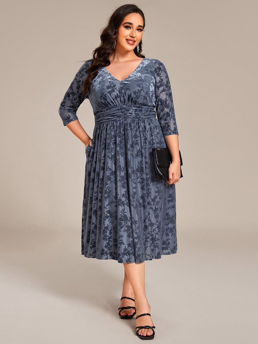 Robe d'invitée de mariage en velours fleuri à manches 3/17 grande taille #Couleur_Marine Fume