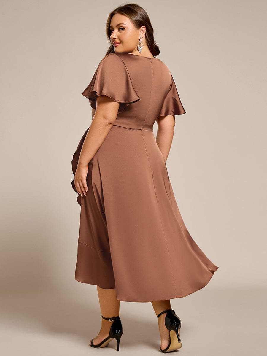 Robe d'invitée de mariage en satin grande taille avec jupe à volants #Couleur_Brun