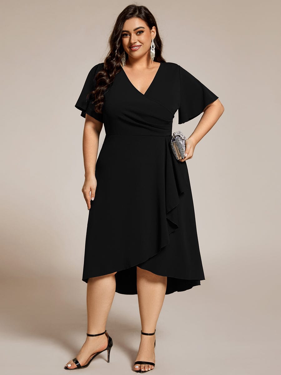 Robe d'invitée de mariage mi-longue à col en V très extensible #Couleur_Noir