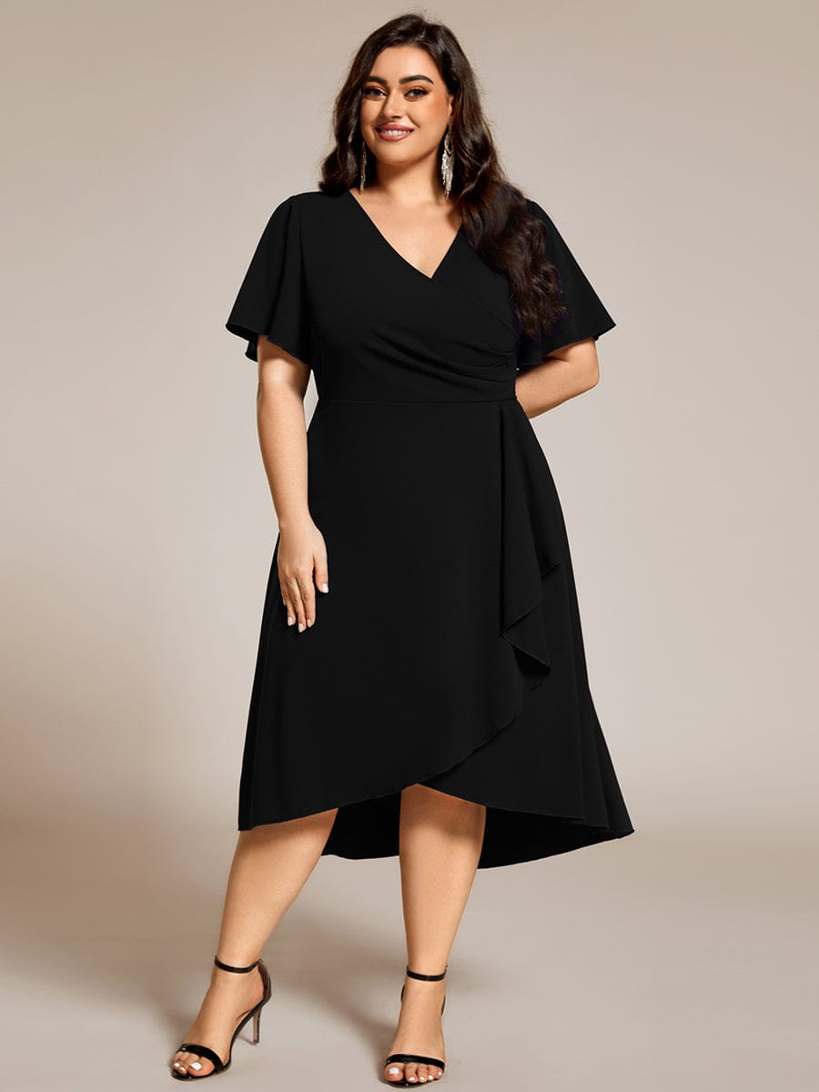 Robe d'invitée de mariage mi-longue à col en V très extensible #Couleur_Noir