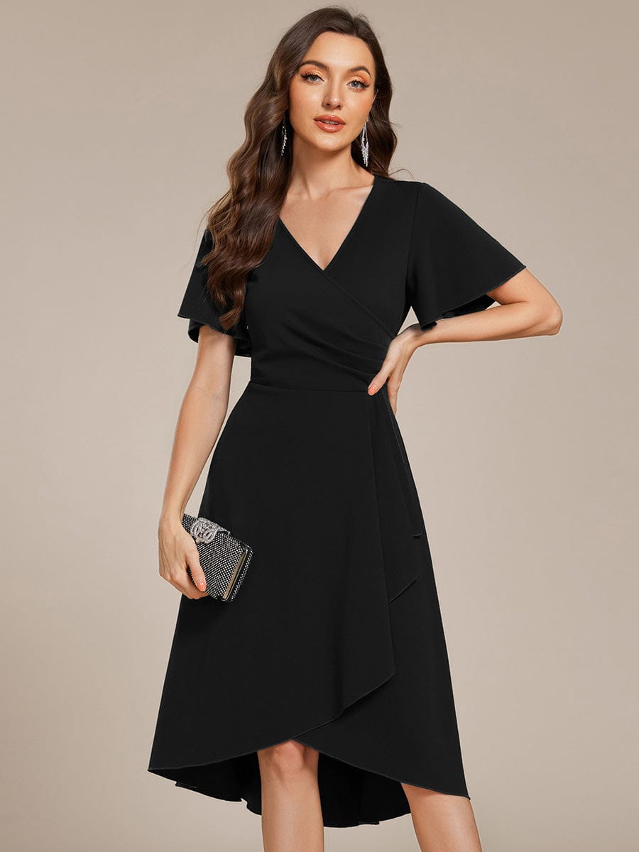 Robe d'invitée de mariage mi-longue à col en V très extensible #Couleur_Noir