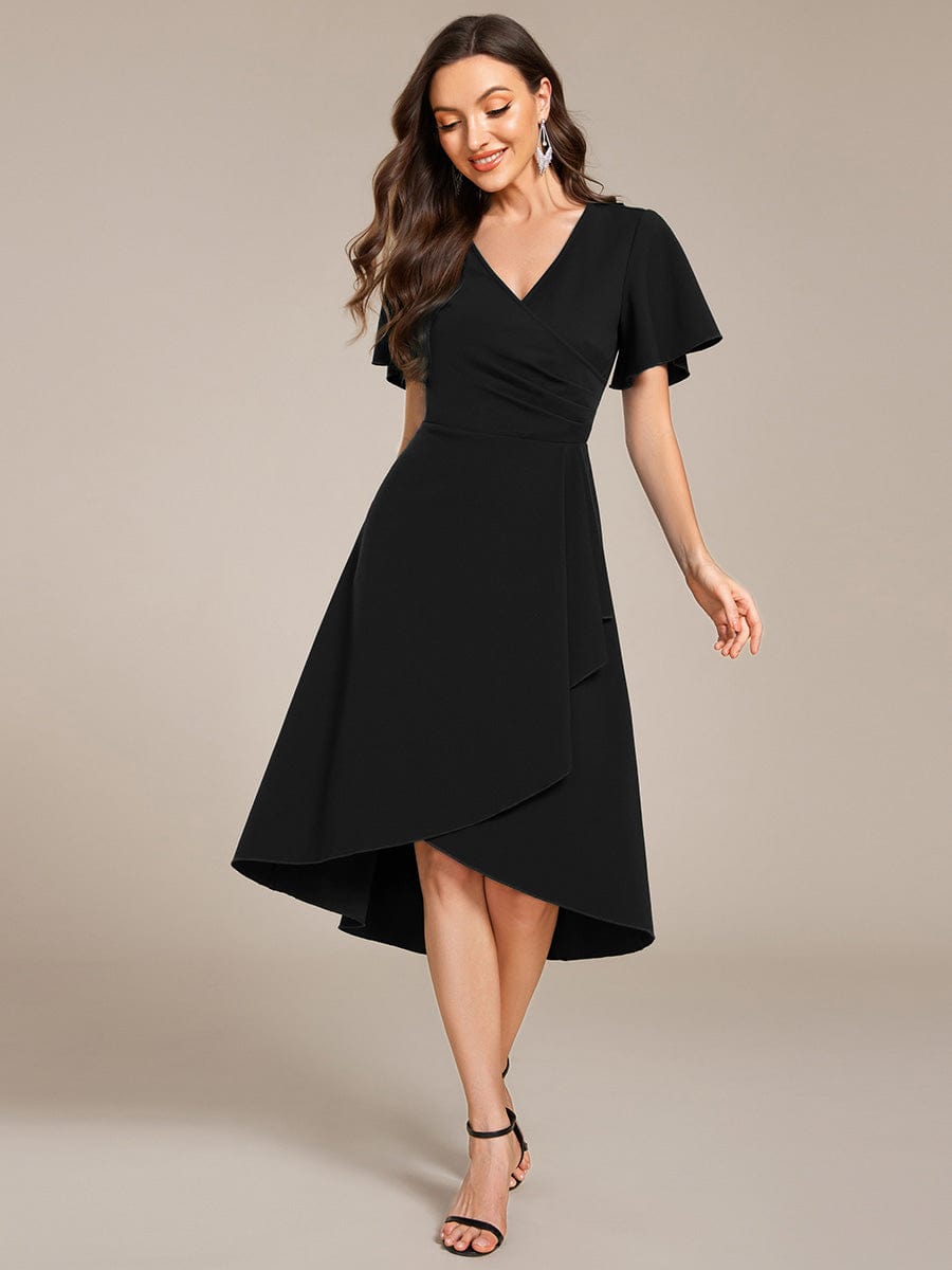 Robe d'invitée de mariage mi-longue à col en V très extensible #Couleur_Noir