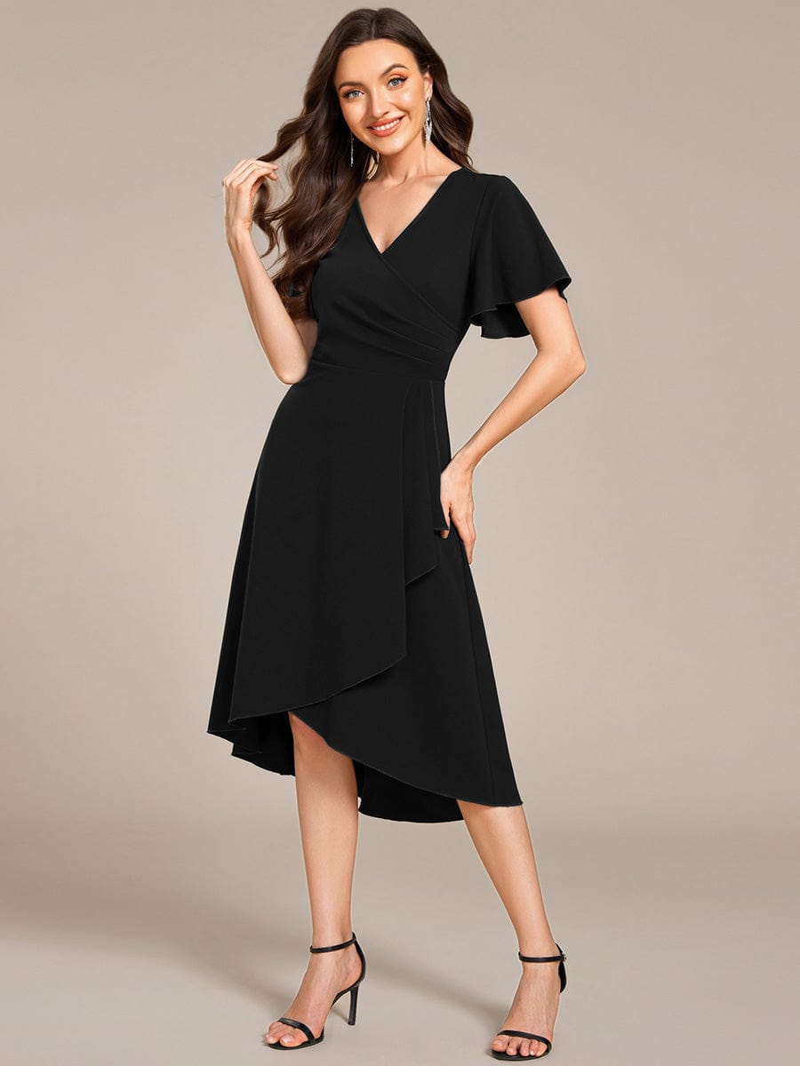 Robe d'invitée de mariage mi-longue à col en V très extensible #Couleur_Noir