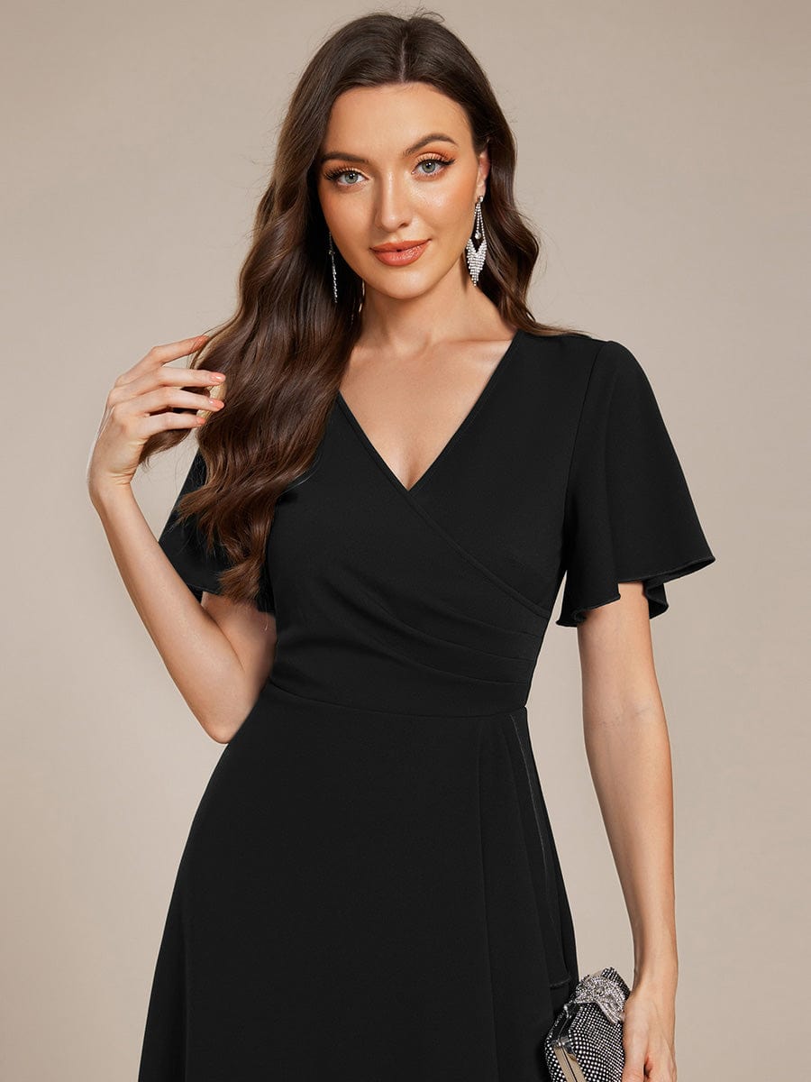 Robe d'invitée de mariage mi-longue à col en V très extensible #Couleur_Noir