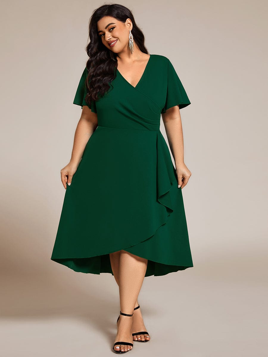 Robe d'invitée de mariage mi-longue à col en V très extensible #Couleur_Vert Fonce